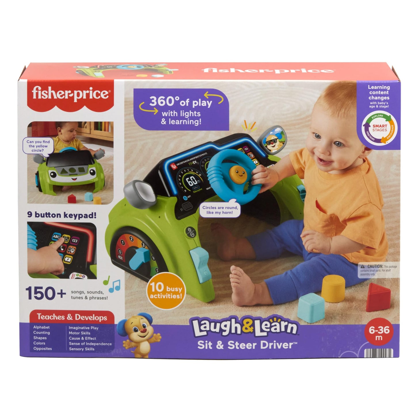 Fisher-Price Laugh & Learn Sit & Steer Driver Car activity center with colorful buttons and steering wheel for babies 6 months and older.