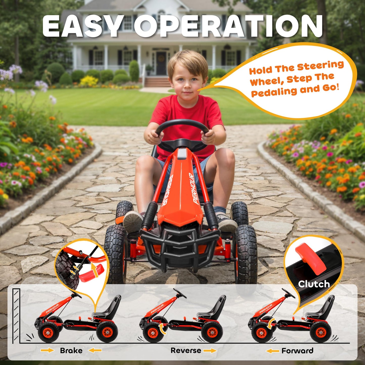 AIYAPLAY Kids Pedal Go Kart, Children Ride on Racer with Adjustable Seat, EVA Tyres, Manual Clutch, Brake, Go Cart for Kids 3-8 Years, Red
