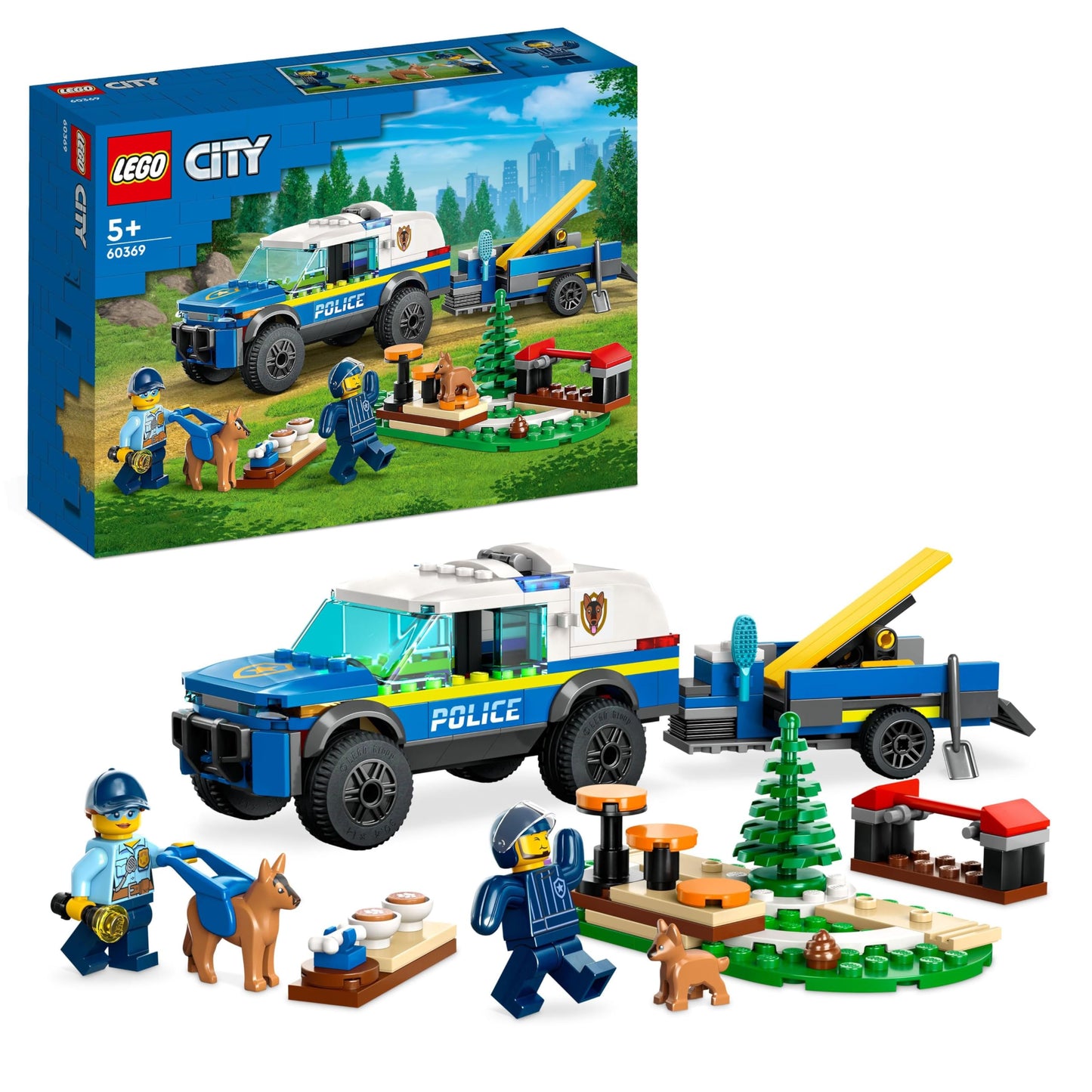 LEGO 60369 City Mobile Police Dog Training Set with SUV, trailer, obstacle course, and puppy figures for kids aged 5+.