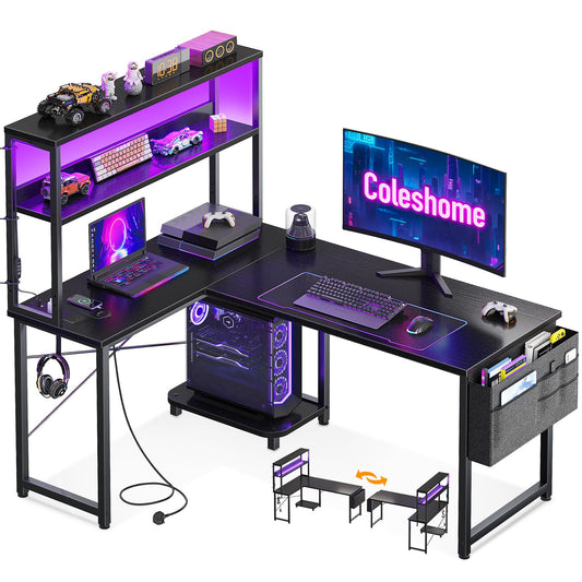 Black Coleshome L-shaped gaming desk with LED lights, power outlet, shelves, storage bag, and hook for home office use.
