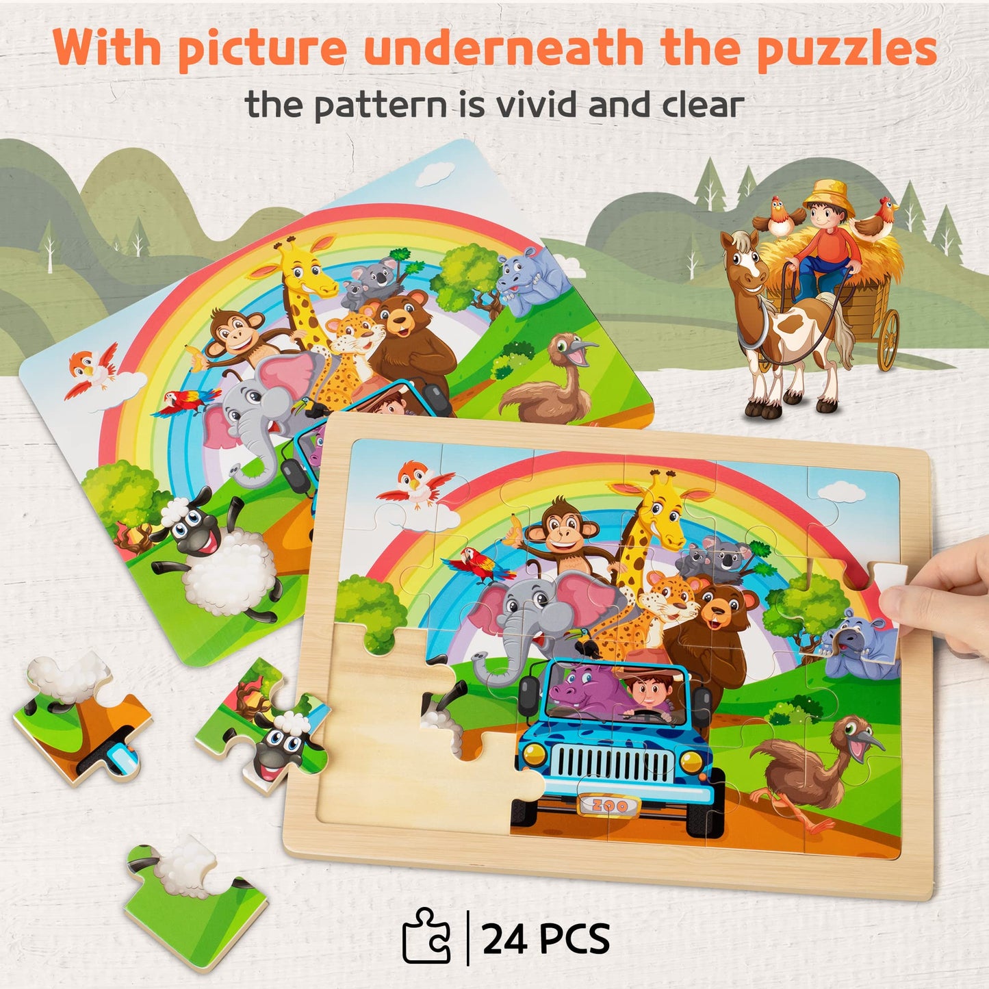 SYNARRY Wooden Animal Jigsaw Puzzles for Kids 3 4 5 Year Olds - 4 Packs 24 Piece Children’s Jigsaw Puzzles Age 3 4 5 6 Boys Girls