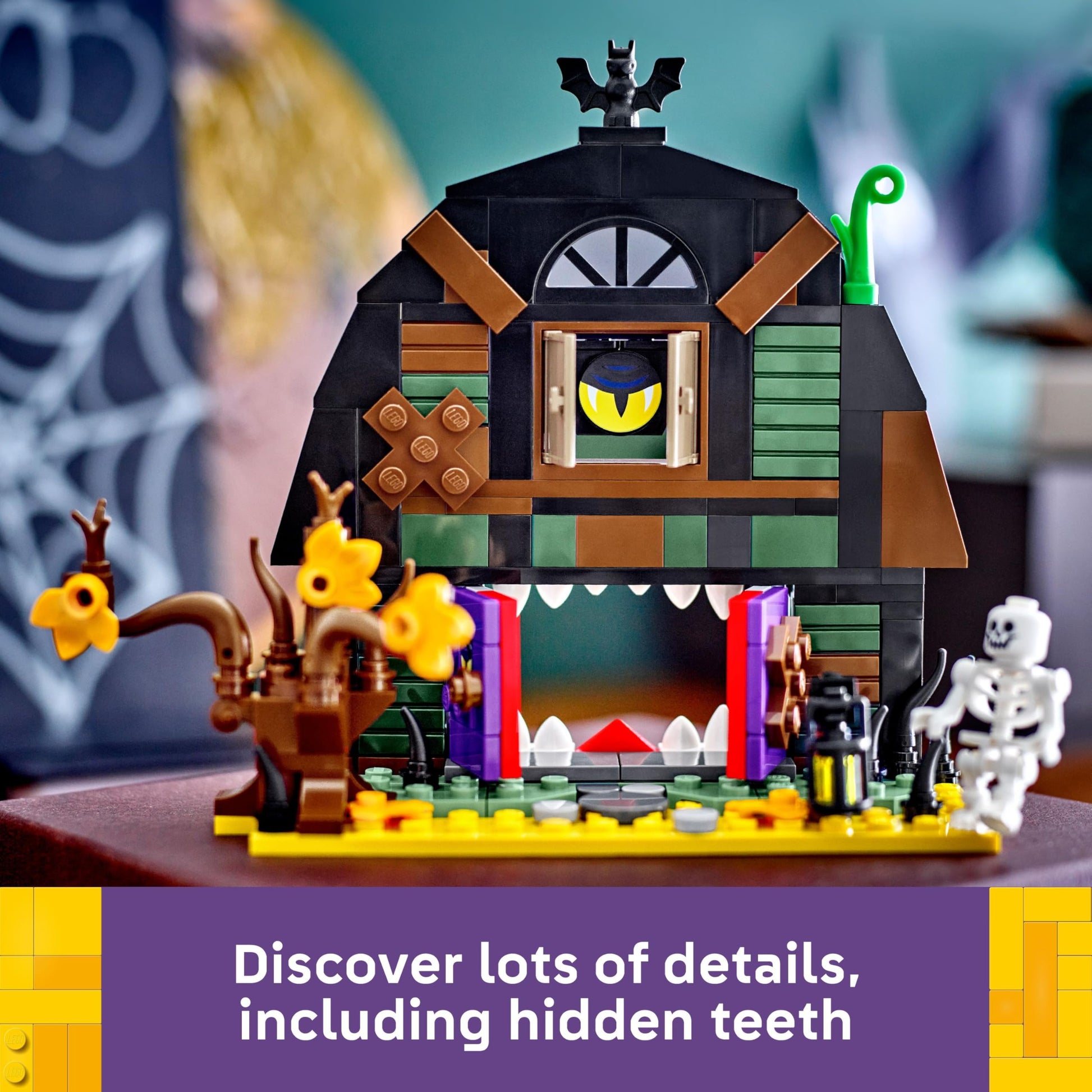 LEGO Halloween Barn playset with skeleton minifigure, bat, spooky lamps, and accessories for imaginative play.