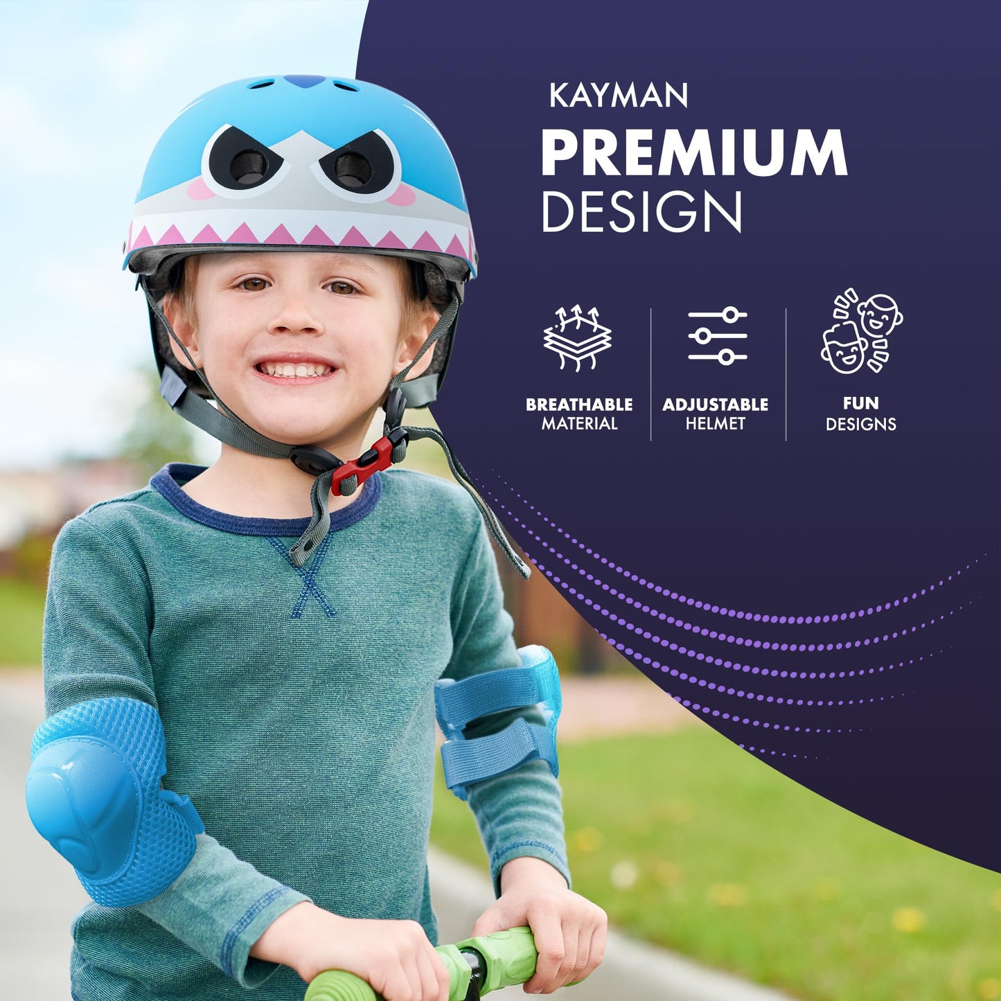 KAYMAN Kids Bike Helmet age 3 to 12, Adjustable Safety Gear for Boys and Girls, Suited to Scooter, Cycling, Skateboard & Roller Skating - Protection for Boys & Girls (Shark)