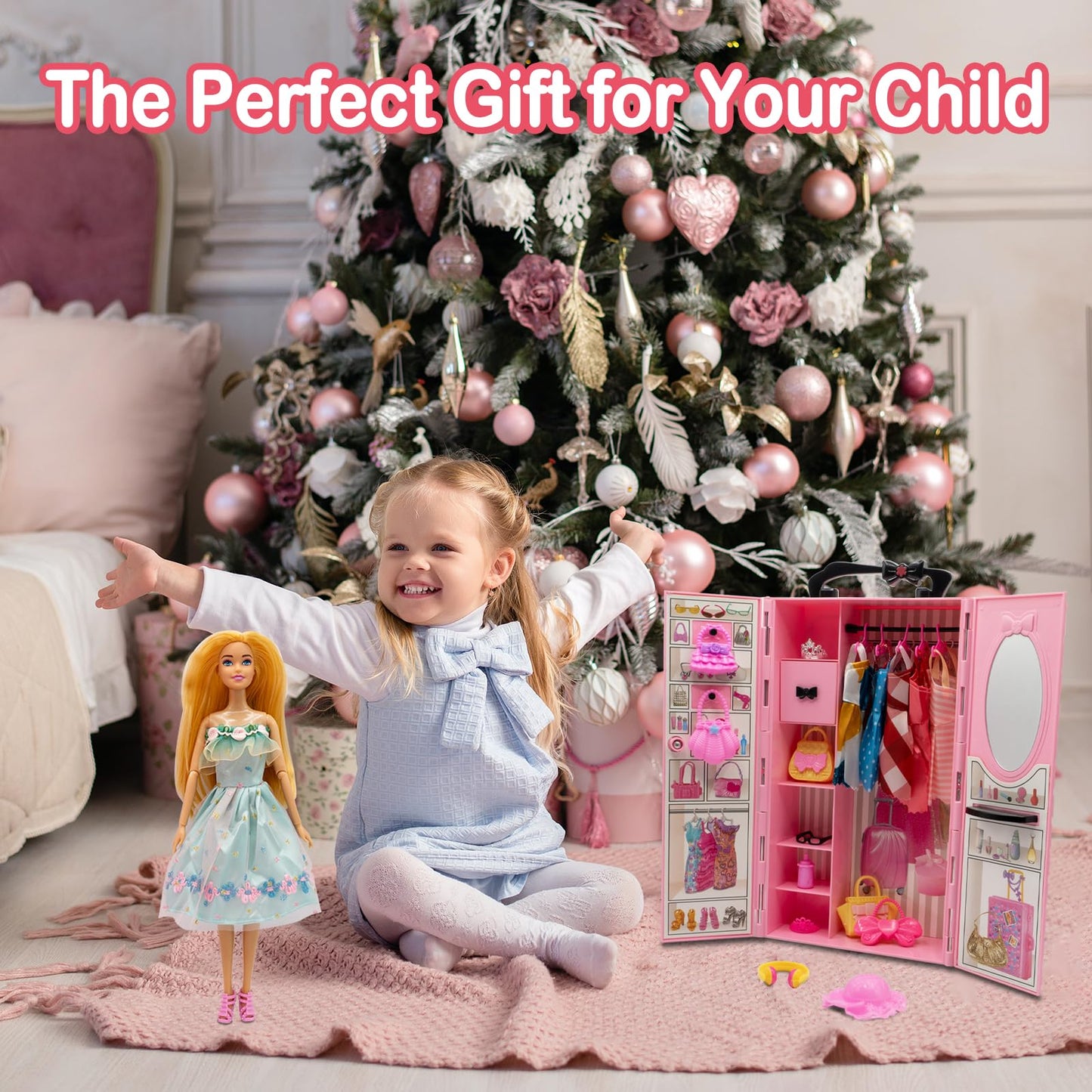 Yutoy dolls wardrobe set for 11.5-inch girl dolls, featuring a pink closet and 63 fashion accessories like dresses and shoes.