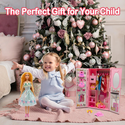 Yutoy dolls wardrobe set for 11.5-inch girl dolls, featuring a pink closet and 63 fashion accessories like dresses and shoes.