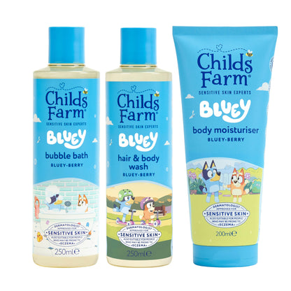 Childs Farm Bluey Bubble Bath, Hair & Body Wash, and Body Moisturiser bundle for kids and sensitive skin, with Bluey-themed packaging