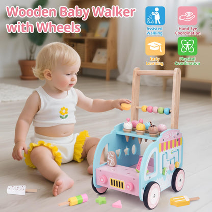 Wooden baby walker with wheels, featuring an ice cream toy and activity center for girls, perfect for toddlers learning to walk.
