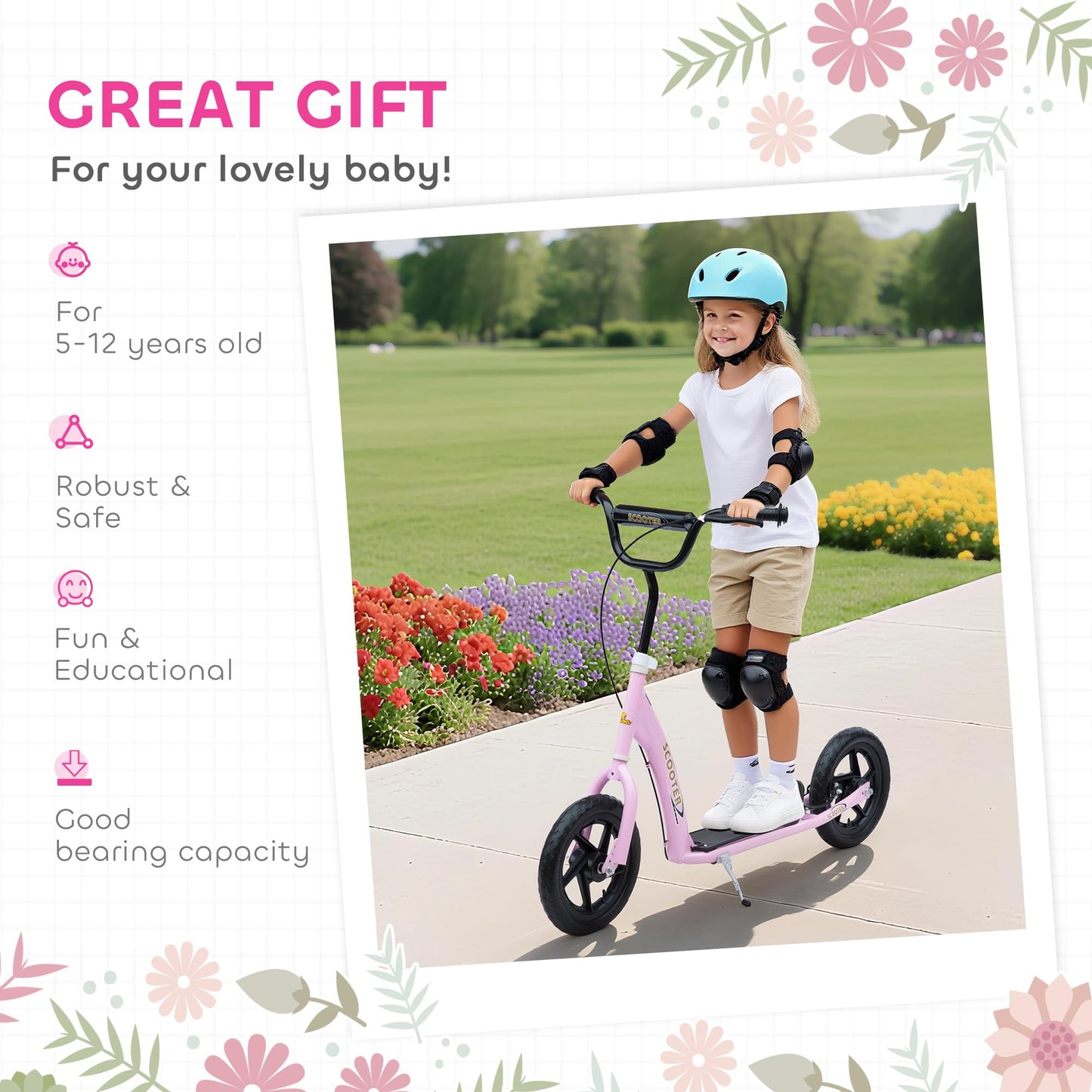 HOMCOM Kids Scooter, Toddler Kick Scooter with Adjustable Handlebar, 12" EVA Tyres, Rear Brake, for Age 5-12 Years, Pink