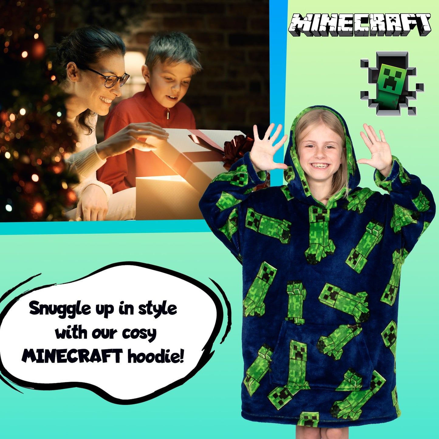 Minecraft Oversized Hoodie Blanket for Kids Teens Reversible Super Soft Fleece Warm Boys Hoodie One Size Gift for Boys
