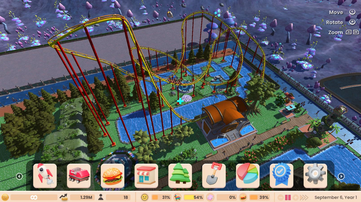 Atari RollerCoaster Tycoon Adventures Deluxe Nintendo Switch game case with colorful roller coaster artwork.
