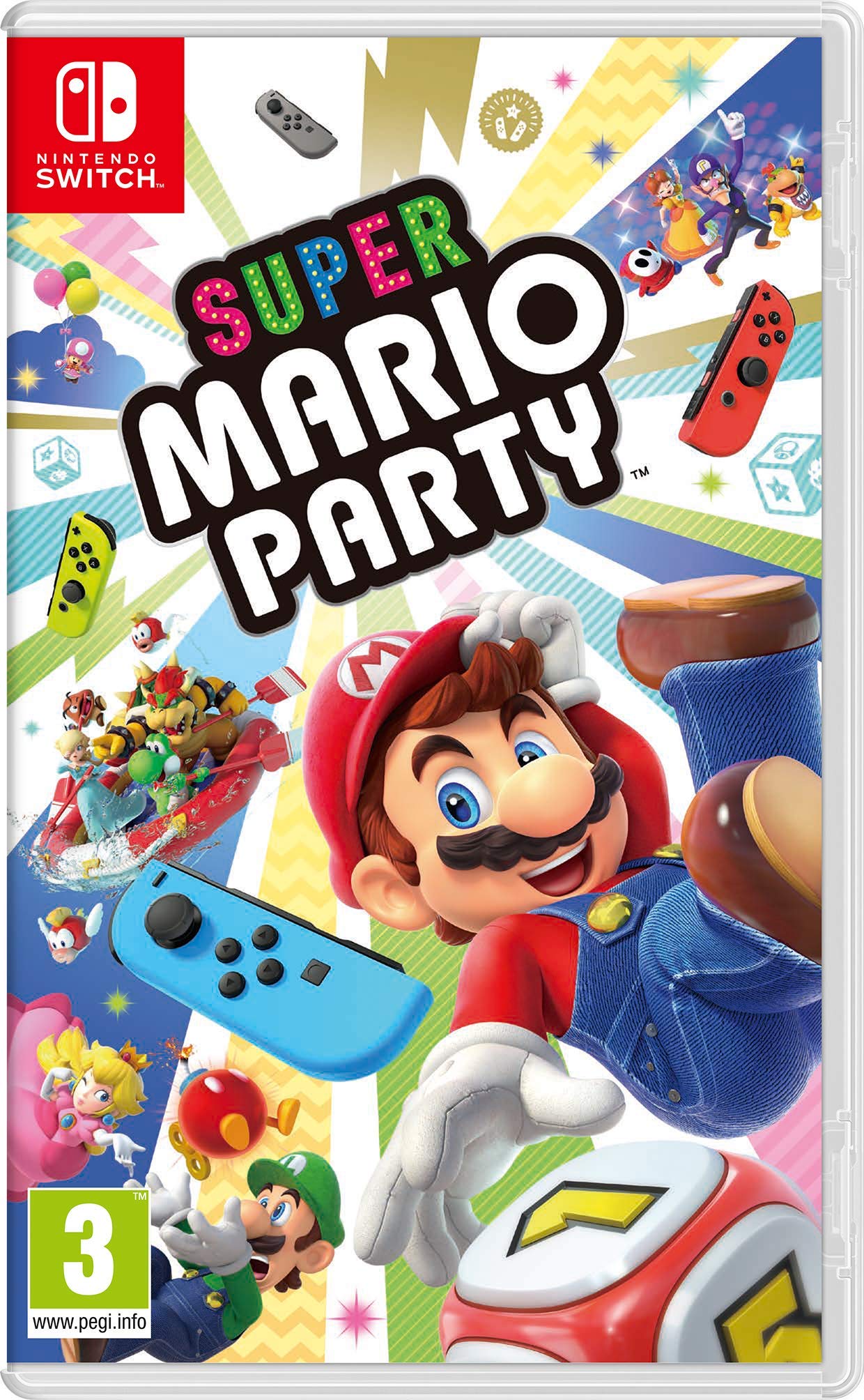 Nintendo Super Mario Party game for Nintendo Switch showing colorful game board and character icons on the screen.