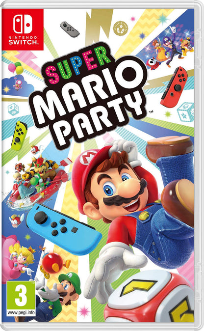 Nintendo Super Mario Party game for Nintendo Switch showing colorful game board and character icons on the screen.