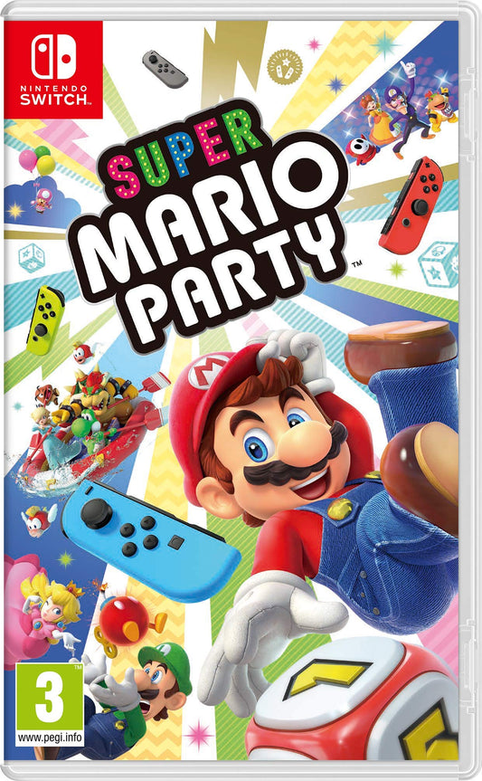 Nintendo Super Mario Party game for Nintendo Switch showing colorful game board and character icons on the screen.