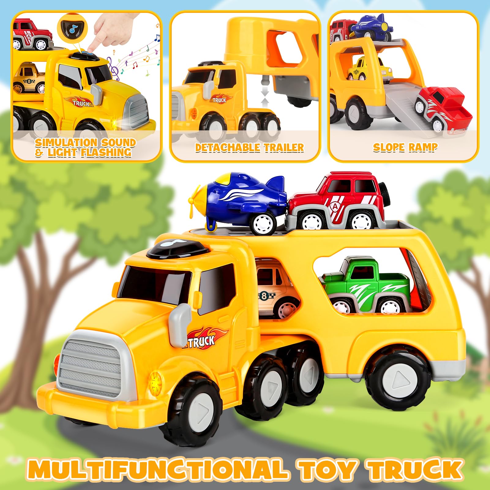 Aoskie toy car transporter truck with four pull-back cars, perfect for 3-5 year old boys and toddlers for play and birthday gifts.