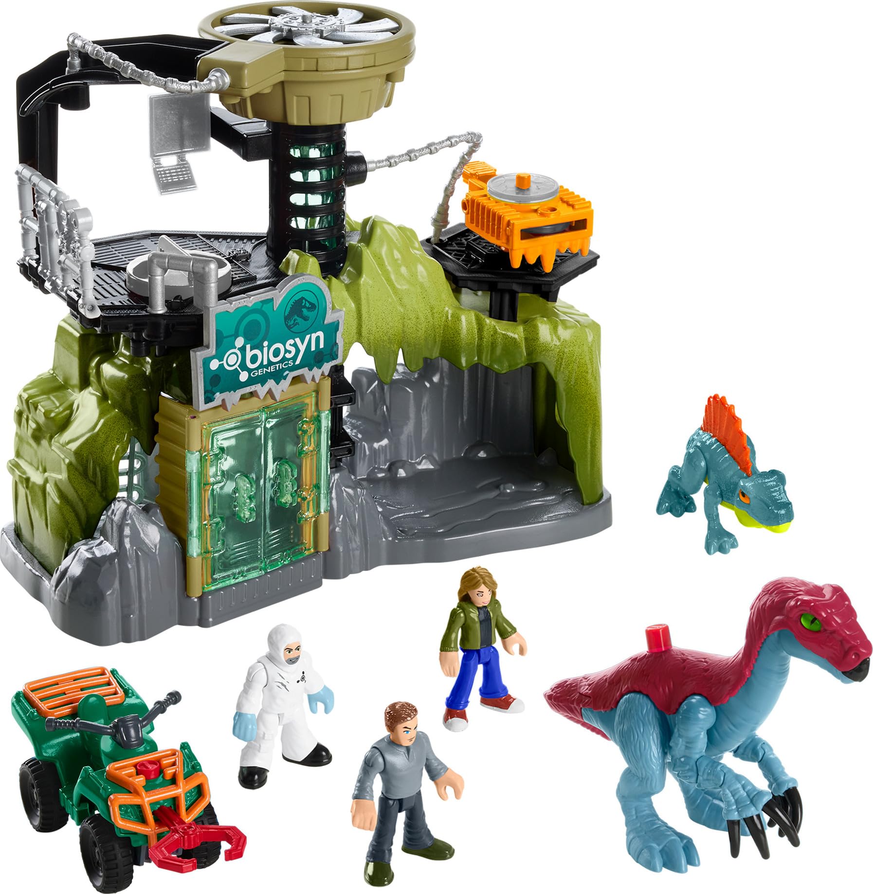 Fisher-Price Imaginext Jurassic World Dinosaur Lab playset with Owen, Maisie, Dr. Grant figures, Therizinosaurus and Dimetrodon dinosaurs.