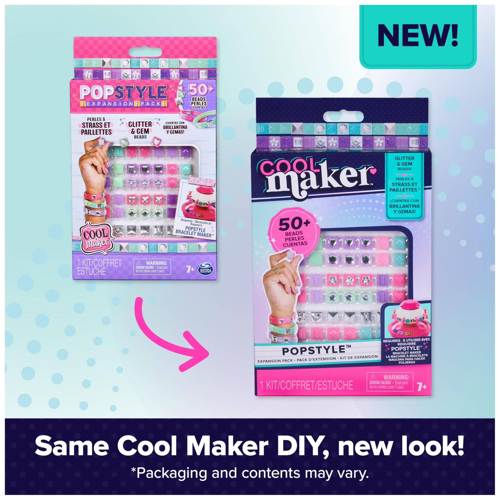 Cool MAKER PopStyle bracelet maker expansion pack with 50+ gem beads and supplies for creating three friendship bracelets, kids’ DIY craft kit.