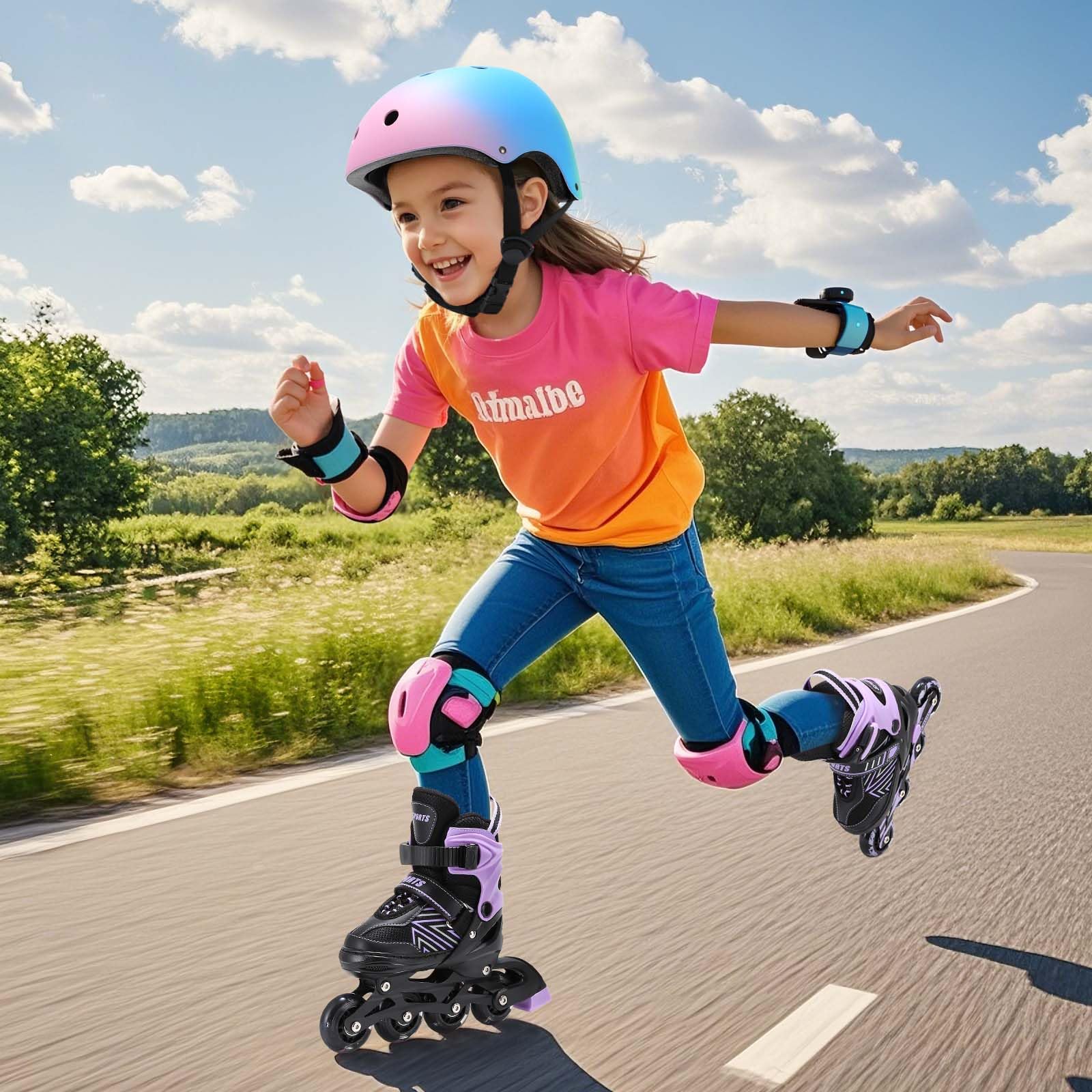 Kids adjustable inline skates for girls and boys by Ylaide with light-up wheels, suitable for beginners, UK size 1-4.