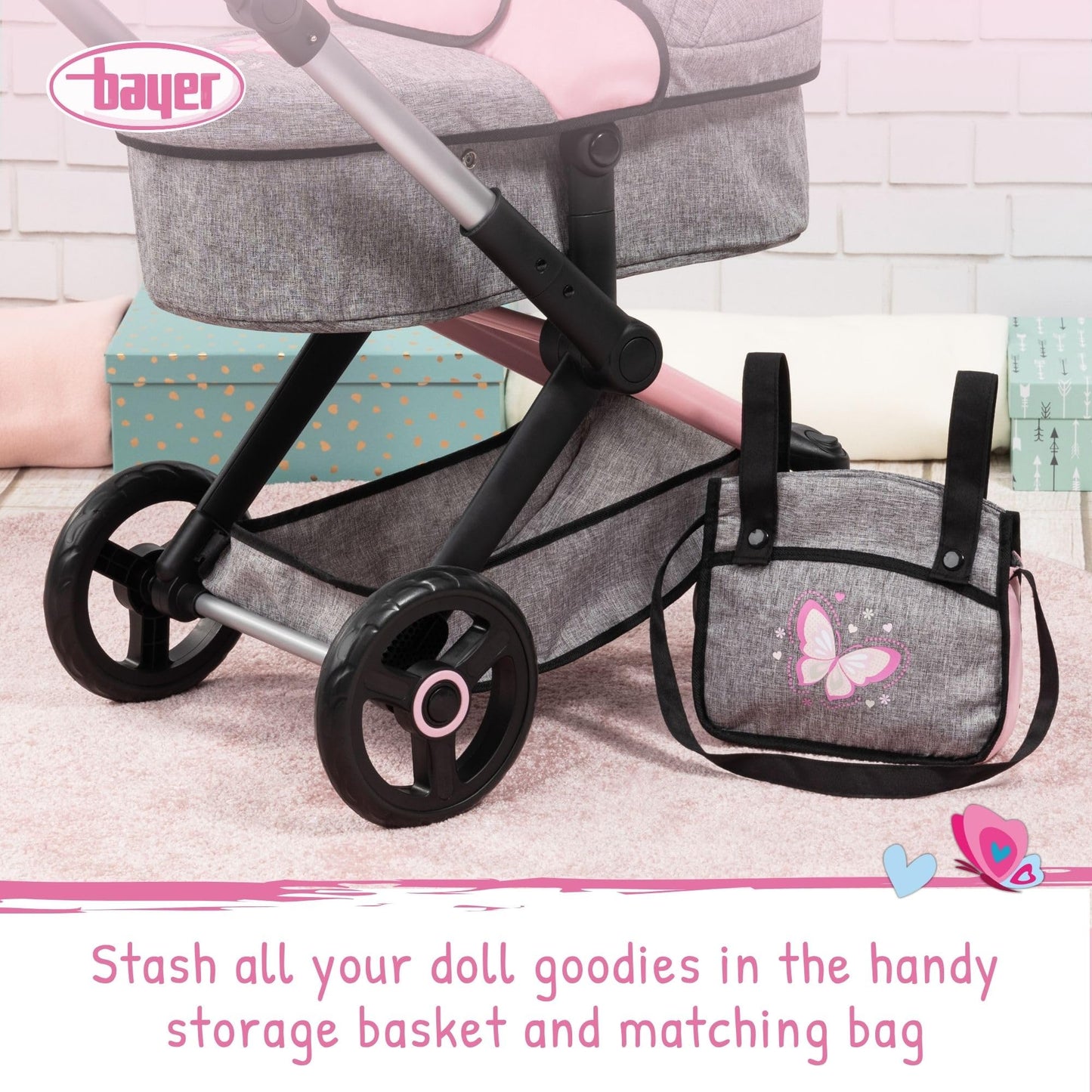 Bayer Design 17033AA Doll's pram Xeo, Stroller, Height-Adjustable, Reversible Handle, Convertible, Bag, Jeans-Grey, Pink