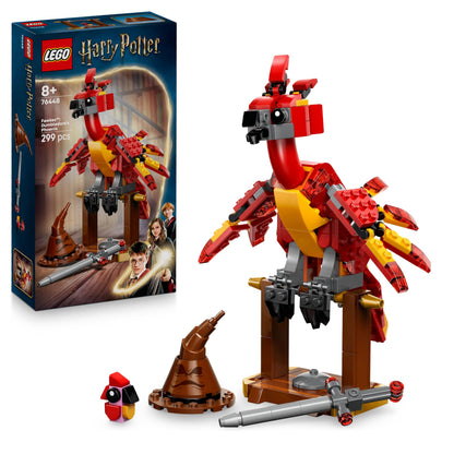 LEGO Harry Potter Fawkes figure with Sorting Hat and Sword of Gryffindor, showcasing vibrant colors and detailed design.