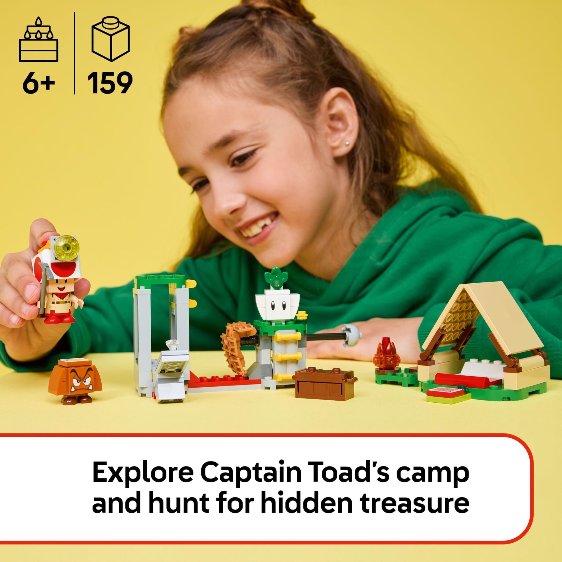 LEGO Super Mario Captain Toad's Camp set with figures, tent, collapsing bridge, and Goomba for kids 6+.