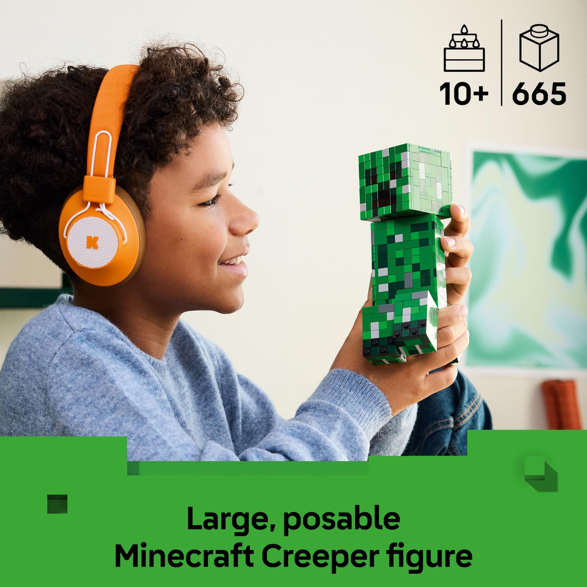 LEGO Minecraft The Creeper toy figure with hidden compartment, pig, and TNT element, ideal for gaming fans aged 10 and up.