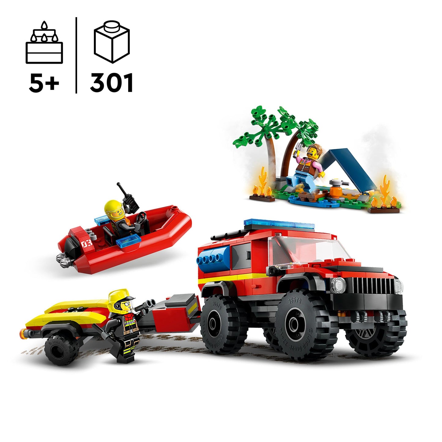 LEGO City 4x4 fire engine with rescue boat, trailer, tent, camper, and two firefighter minifigures for imaginative play.