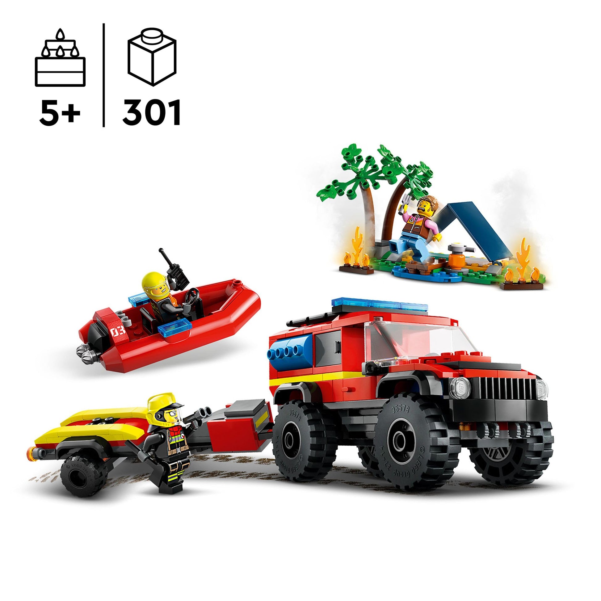 LEGO City 4x4 fire engine with rescue boat, trailer, tent, camper, and two firefighter minifigures for imaginative play.
