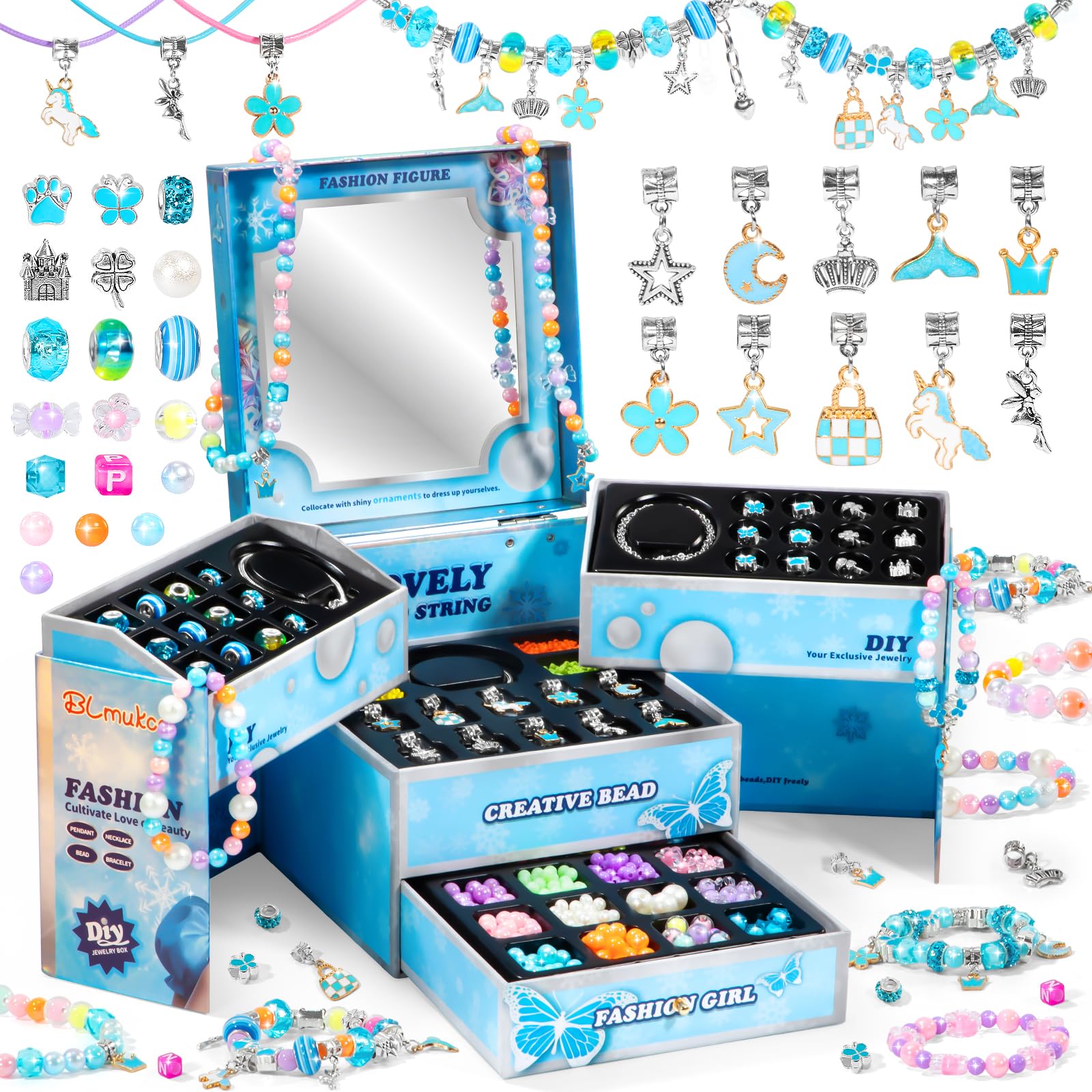 BLmukce Winter Wonderland charm bracelet making kit for girls with beads, charms, and necklace supplies for DIY jewelry crafting.