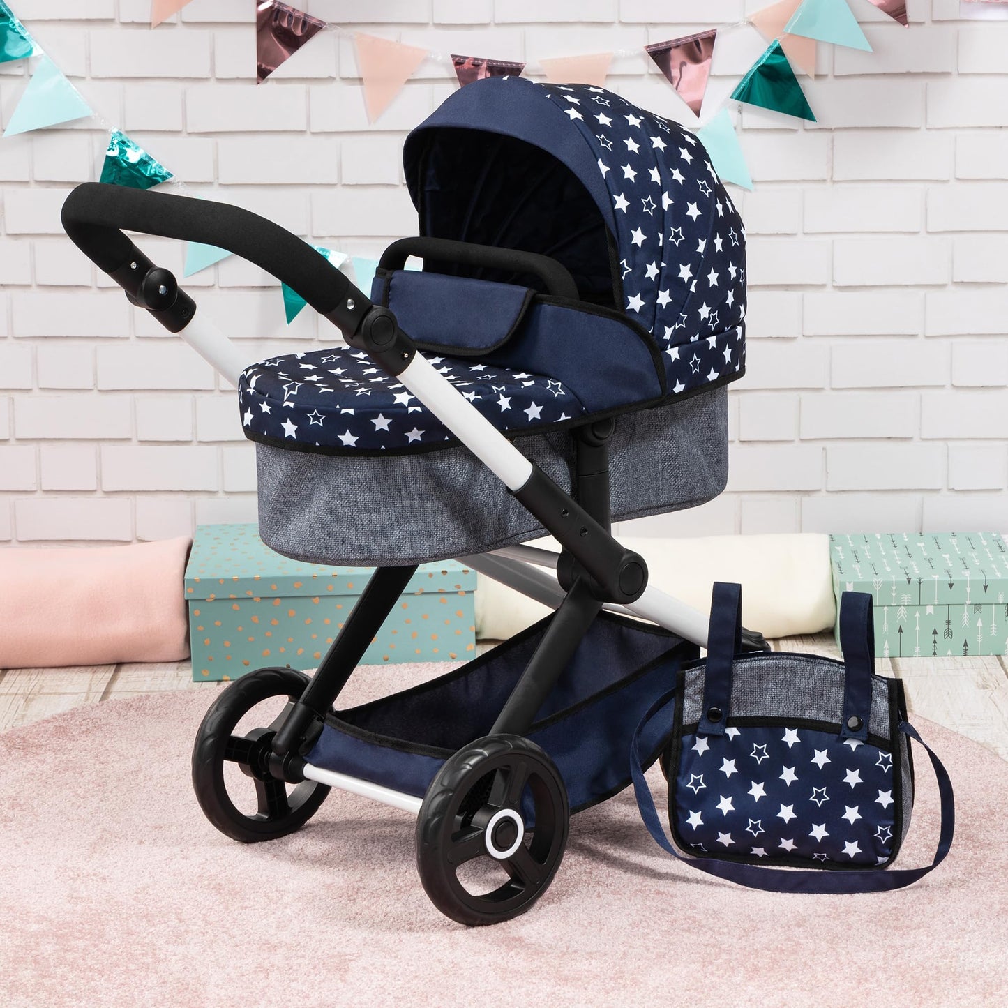 Bayer Baby Dolls Pram XEO in navy blue with white stars, convertible doll pushchair, carrycot, changing bag, adjustable handle, suitable for girls