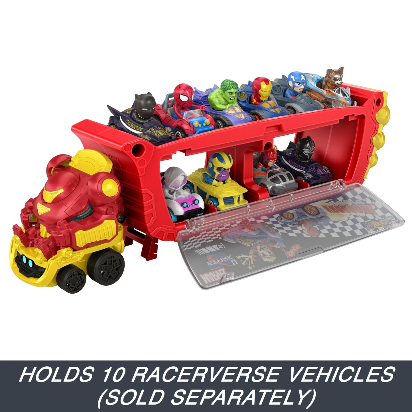 Hot Wheels RacerVerse Marvel Hulkbuster Hauler, Transport & Store Up to 10 Toy Vehicles, Detachable Cab with Flip-Up Helmet & Non-Removable Figure, HRY02