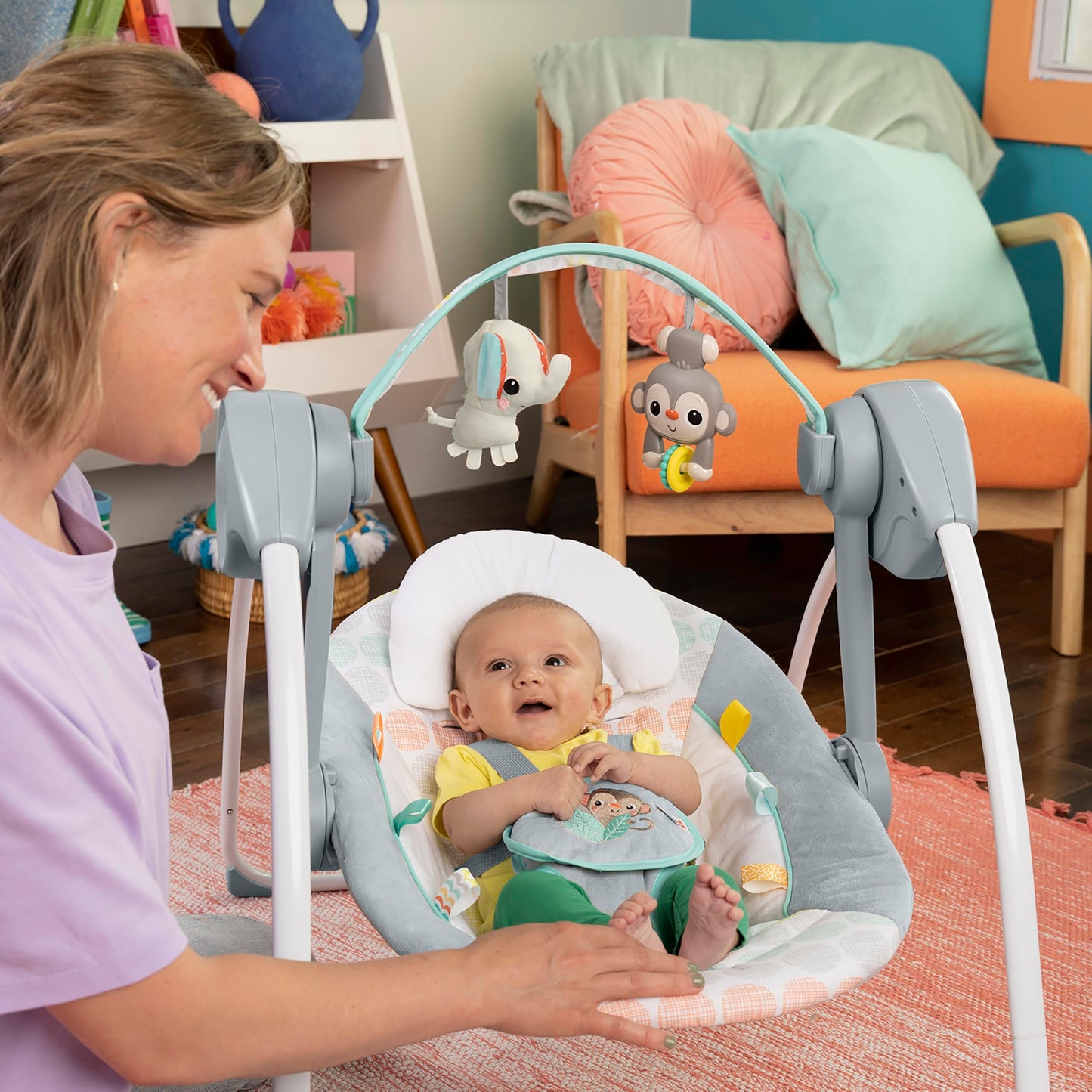 Bright Starts, Whimsical Wild Portable Compact Automatic Baby Swing with Music and Taggies, Removable Toy Bar with 2 Toys, Reclinable, 5 Point Harness, Newborn and up