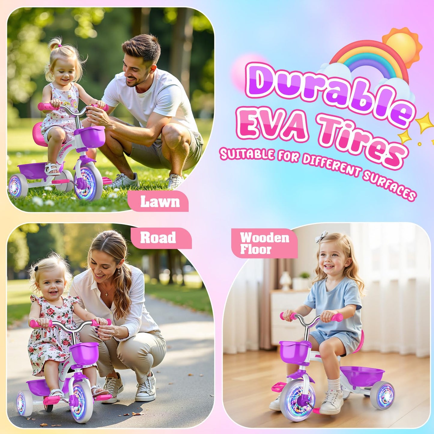 HappyGoLucky Tricycles Toys for 2-5 Year Old Girls Gifts, Balance Bike 2+ 3 4 5 Year Old with 3 Colorful Lighting Wheels & Removable Pedals, Baby Toddler Kids Cycle Trikes Bike Girls Toys Age 2-5