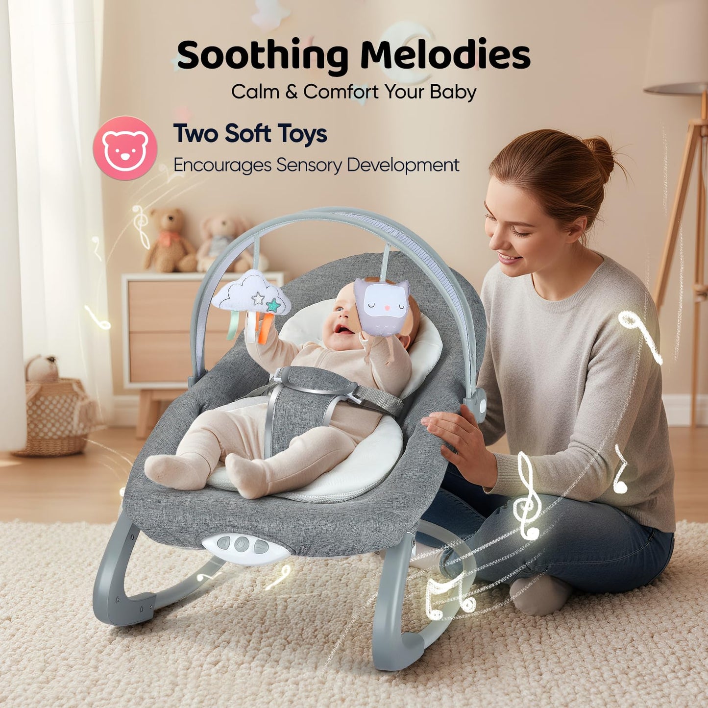 JoyCushy Baby Bouncer, Electric Baby Rocker from Birth Adjustable with Music and Vibration, Suitable for Newborns 0-6 Months Baby Bouncer with 3-Point Harness, Removable Toy Bar with 2 Toys