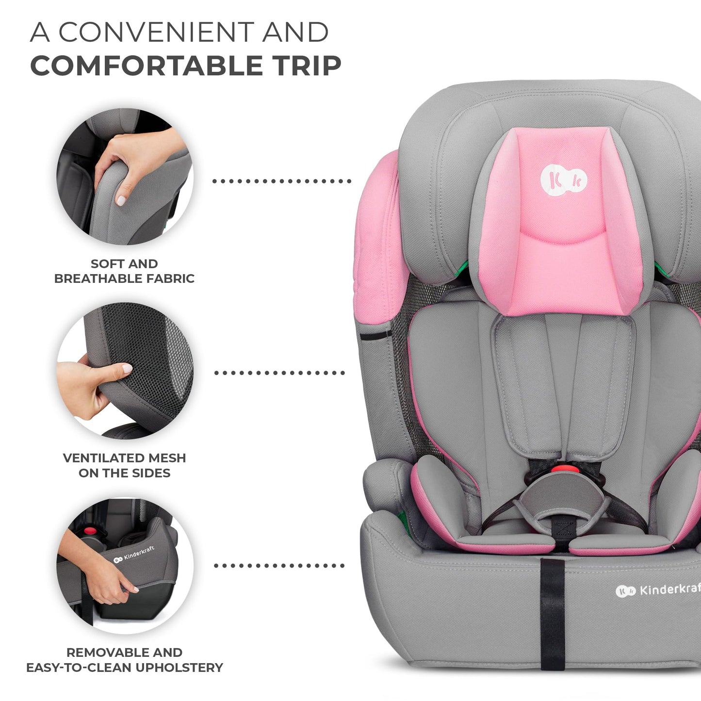 Kinderkraft Car Seat Comfort UP, I-Size Booster Child Seat, with 5 Point Harness, Adjustable Headrest, for Toddlers, Infant, Group 1/2/3, 9-36 Kg, Up to 12 Years, Pink