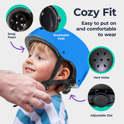 Niftii Kids Helmet with Pads - Adjustable Multi-Sport Complete Safety Gear for Cycling, Skateboarding & Scooting, Ideal for Boys & Girls Ages 3-15 Kids Bike Helmet Set, Blue