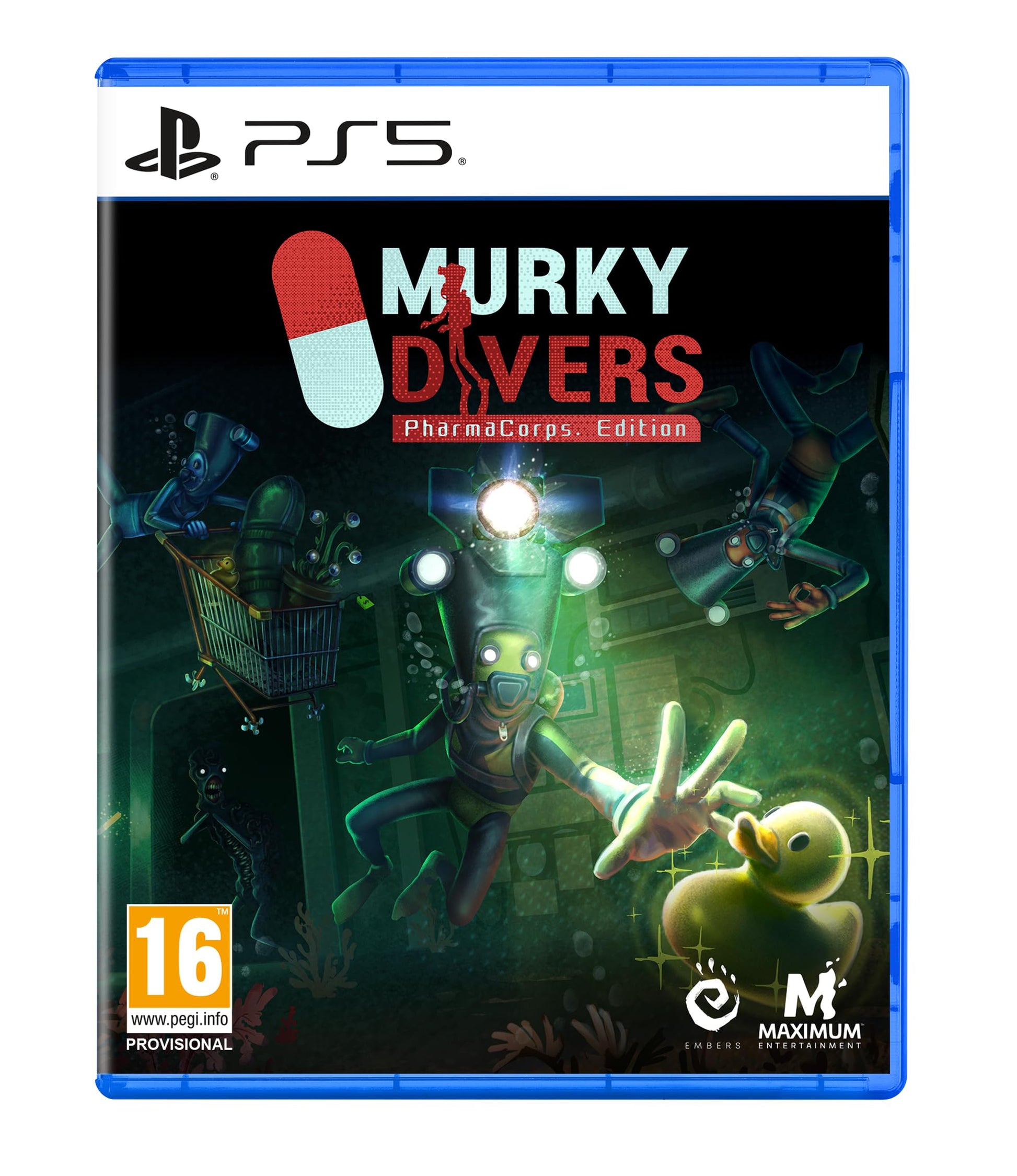 Murky Divers: PharmaCorps Edition for PS5 gameplay screenshot featuring underwater exploration and diver characters in a dark, murky environment.