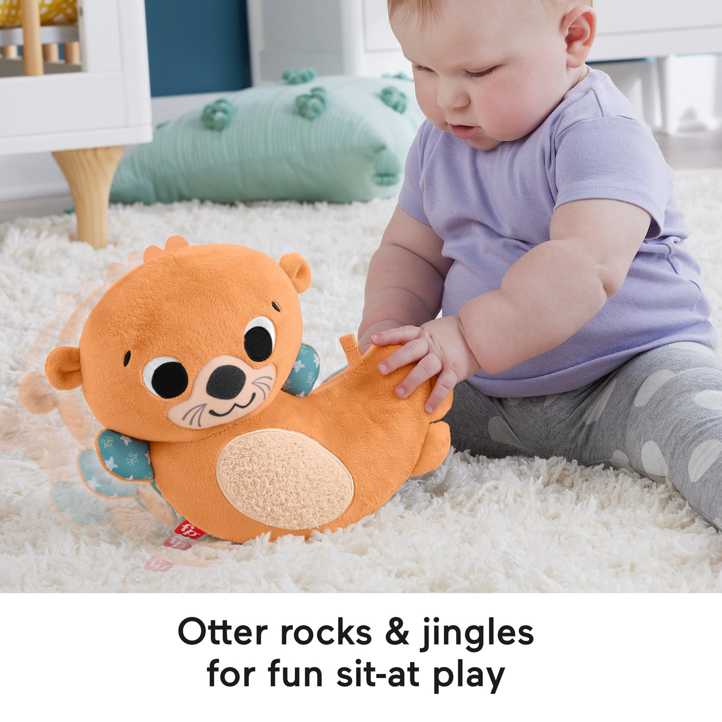 Fisher-Price 2-in-1 Rockin’ Tummy Time Otter plush toy with soft book, designed for newborns to encourage sensory play and tummy time.