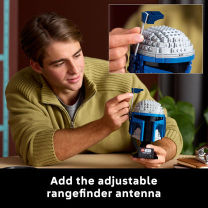LEGO Star Wars 75408 Jango Fett Helmet model kit with adjustable rangefinder and display stand, ideal for fans of Attack of the Clones.