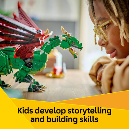 LEGO Creator 3in1 Medieval Dragon toy set, featuring a detailed dragon, sea serpent, and phoenix designs for kids.