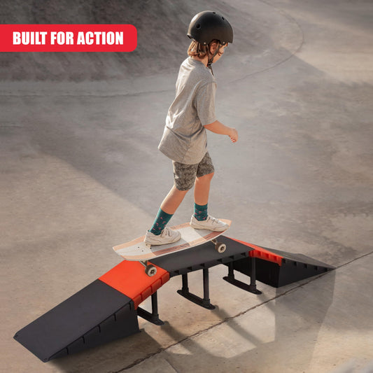 The Magic Toy Shop Skate Ramp Set - 6 Assembly Variations, Red & Black, Anti Slip, Modular & T-Lock System, Easy Setup - Outdoor Adventure for Kids with Bikes, Scooters, Skateboards, RC Cars