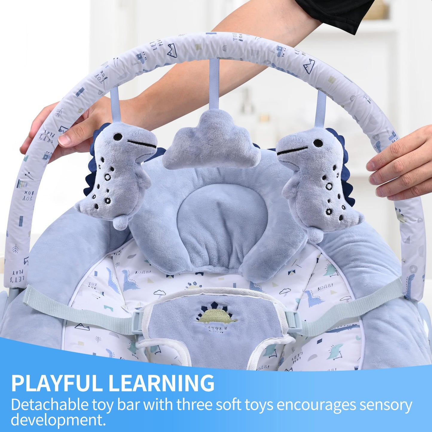 LADIDA soft light blue baby bouncer with removable toy bar, soothing vibrations, music, and three colorful toys for newborns.