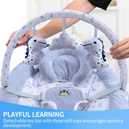 LADIDA soft light blue baby bouncer with removable toy bar, soothing vibrations, music, and three colorful toys for newborns.
