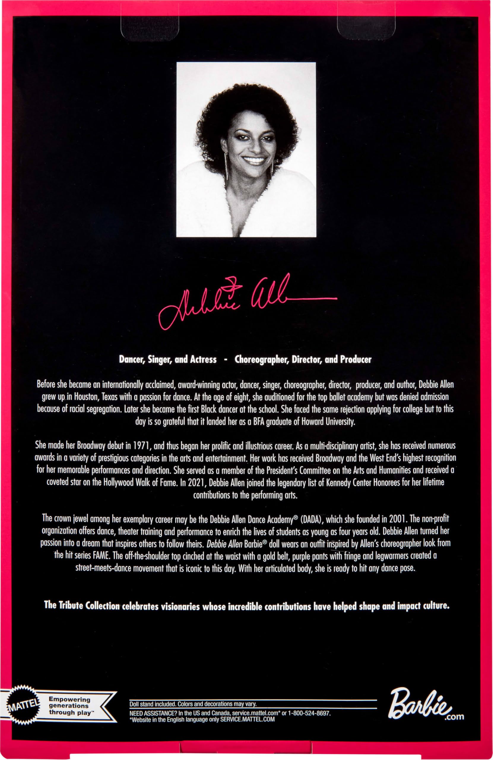 Barbie Signature Doll from Debbie Allen Tribute, featuring off-shoulder top, gold belt, purple fringe pants, and leg warmers.