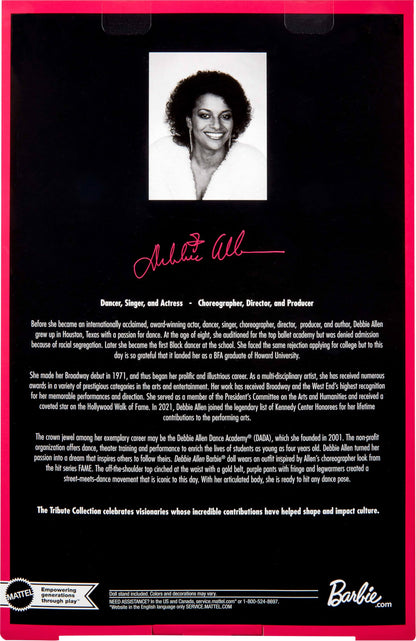 Barbie Signature Doll from Debbie Allen Tribute, featuring off-shoulder top, gold belt, purple fringe pants, and leg warmers.