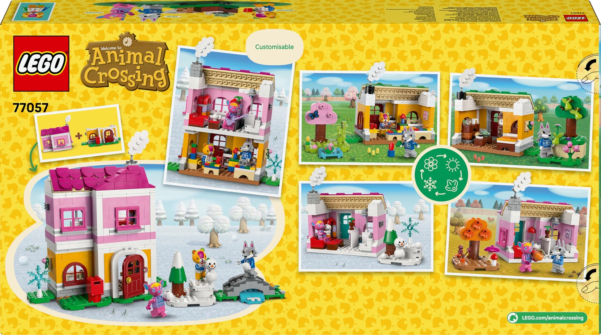 LEGO Animal Crossing Creative Houses set featuring Stitches, Fuchsia, and Fang minifigures with two house models.