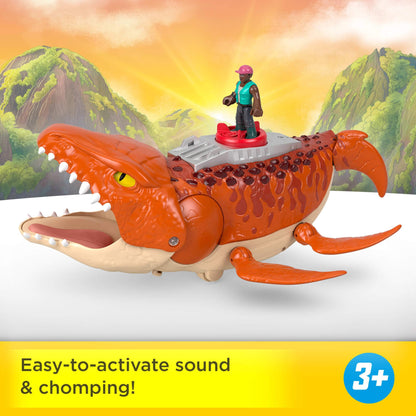 Fisher-Price Imaginext Jurassic World Rebirth Aquachomp Chase Mosasaurus dinosaur toy with action figure, launcher boat, and projectiles.