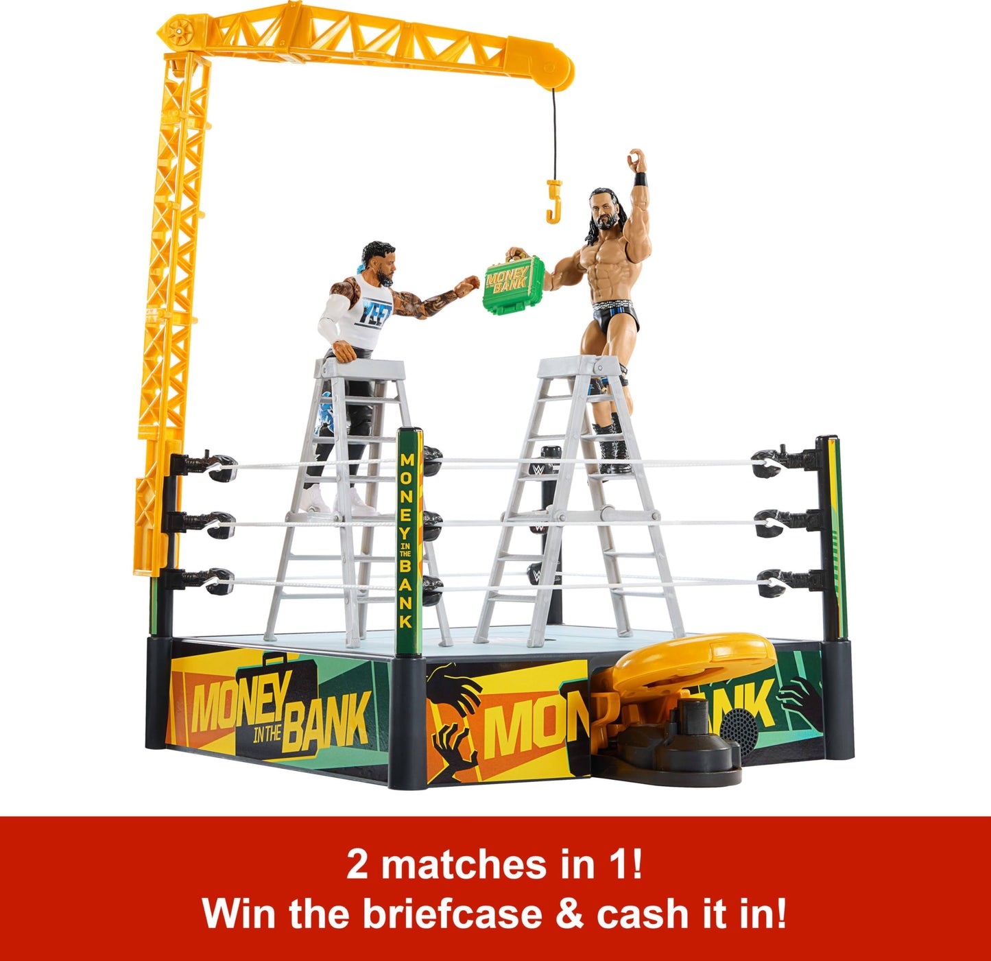 WWE Money In The Bank Cash-In Ring Playset with 2 Play Modes & 40+ Sounds & Phrases, Includes Launcher Crane, Ladders & Briefcase, 13-Inch x 20-Inch, JGR83