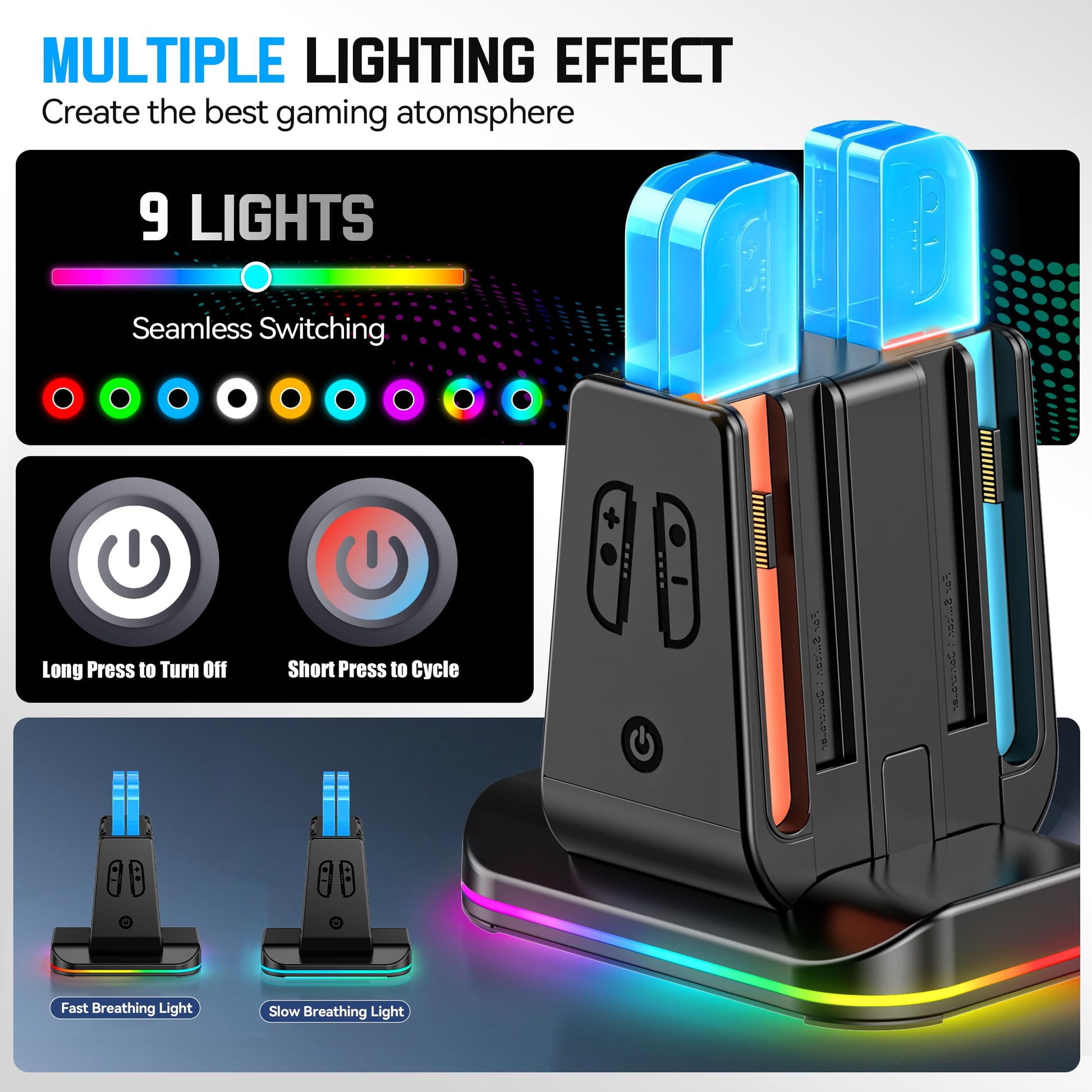 Rysker Switch 2-in-1 controller charging dock with RGB lighting for Nintendo Switch Joy-Con and Nintendo 64 controllers
