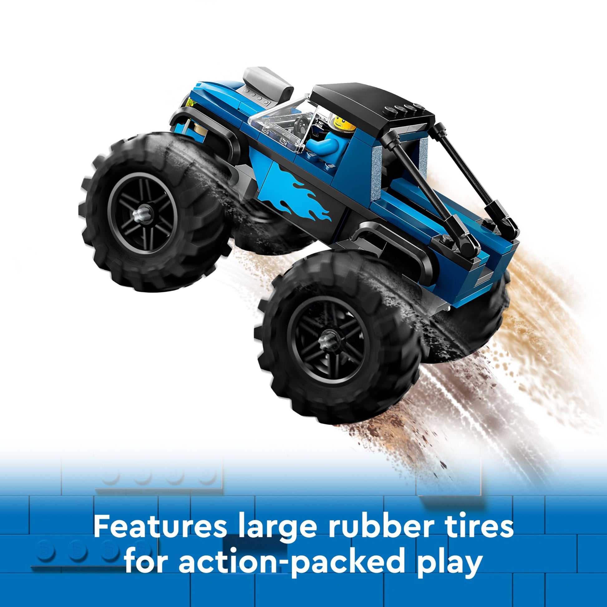 LEGO City blue monster truck toy with driver minifigure, designed for kids ages 5 and up, on a playful background.