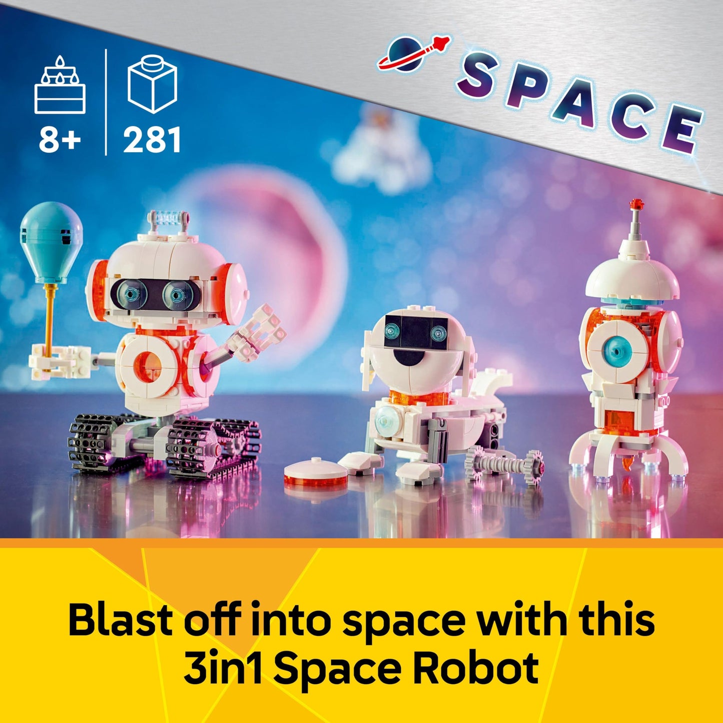 LEGO Creator 3in1 Space Robot toy, dog figure, and rocket model building set for kids aged 8 and up.